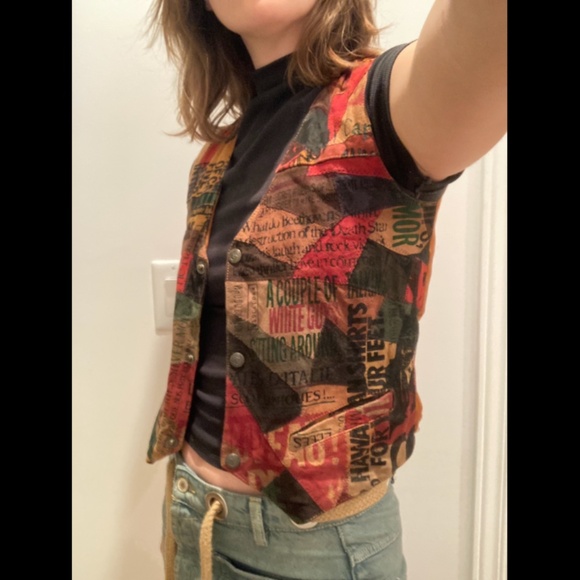 Vintage leather newspaper print vest - size Small - Picture 2 of 9